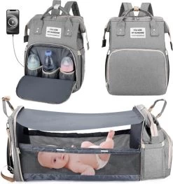 Faseras Multifunctionele Luiertas - Incl. Babybed & Verschoningsmatje - Isolatie - Met USB - 3-in-1 Verzorgingstas - Grijs