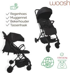 WOOSH New Buggy - Zwart - One Hand Folding - 3 Slaapstanden - Wandelwagen Tot 25 Kg - Regenhoes - Bekerhouder - Muggennet
