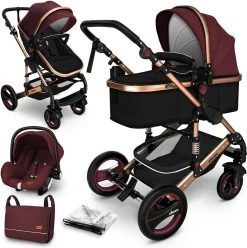 KIDUKU- 3 In 1 Combi-kinderwagen- Bordeaux- Zwart-goud- Buggy Incl. Autostoeltje-regenhoes- Inklapbaar