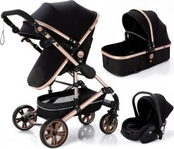 Luxe Kinderwagen 3 In 1 - Wandelwagen - Kinderwagen 3-in-1 Incl Autostoel - Kinderwagen Maxi Cosi – Buggy 3 In 1 - Newborn - Zwart/goud
