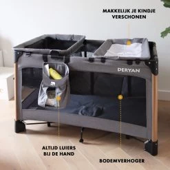 Deryan Luxe Campingbed Compleet - 120x60cm - Bodemverhoger - Verschoonblad - Opbergmand - Grijs -Kinderwagens Winkel 1200x1200 1668