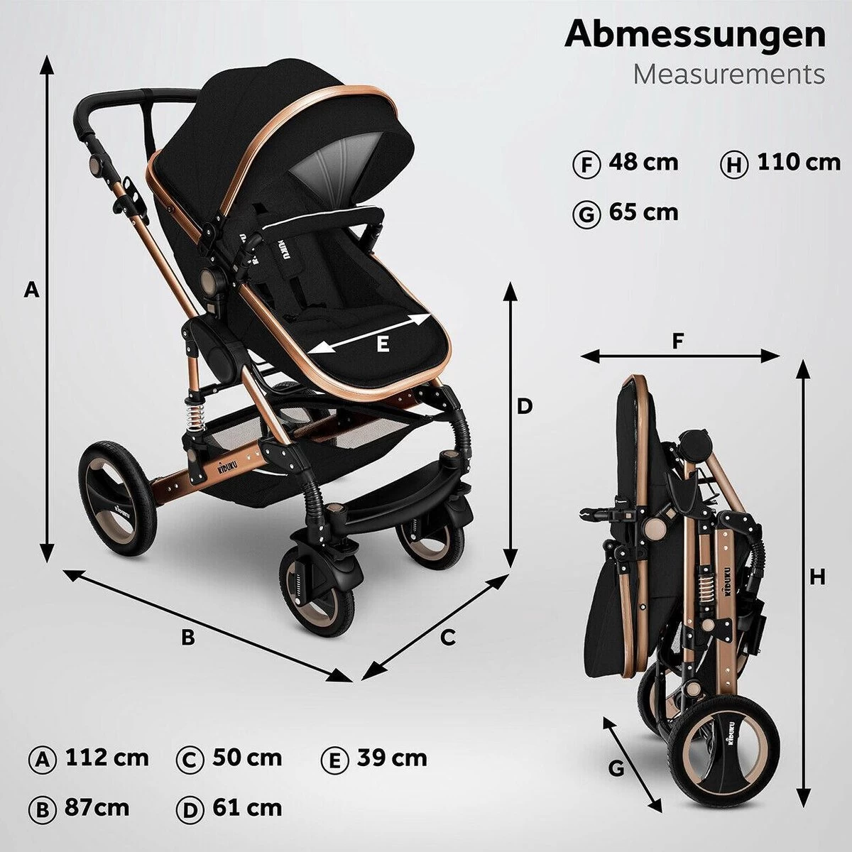 KIDUKU- 3 In 1 Combi-kinderwagen- Zwart/goud- Buggy Incl. Autostoeltje-regenhoes- Inklapbaar 7 KIDUKU- 3 In 1 Combi-kinderwagen- Zwart/goud- Buggy Incl. Autostoeltje-regenhoes- Inklapbaar - Afbeelding 7