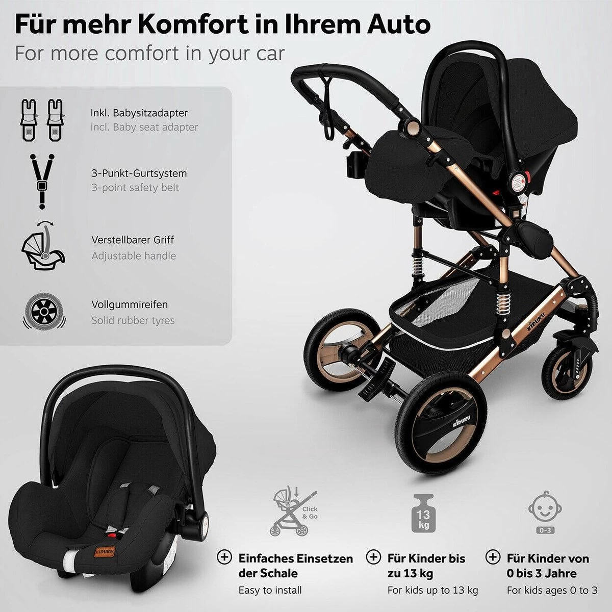 KIDUKU- 3 In 1 Combi-kinderwagen- Zwart/goud- Buggy Incl. Autostoeltje-regenhoes- Inklapbaar 10 KIDUKU- 3 In 1 Combi-kinderwagen- Zwart/goud- Buggy Incl. Autostoeltje-regenhoes- Inklapbaar - Afbeelding 10