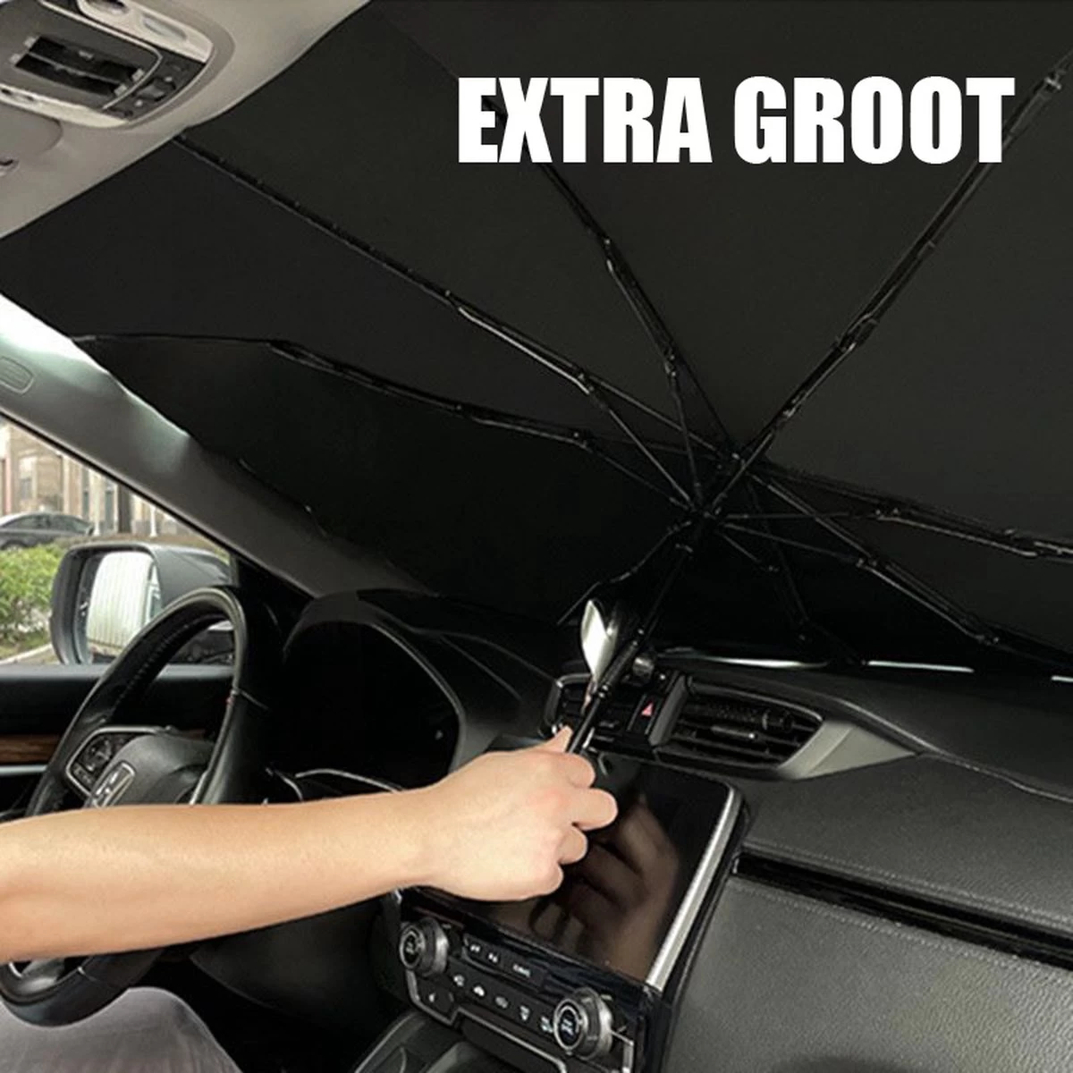 EXTRA GROOT Zonnescherm / Autoparaplu - Binnenkant Voorruit Auto - Opvouwbaar - Hitte En UV Bescherming 148X86cm 1 EXTRA GROOT Zonnescherm / Autoparaplu - Binnenkant Voorruit Auto - Opvouwbaar - Hitte En UV Bescherming 148X86cm